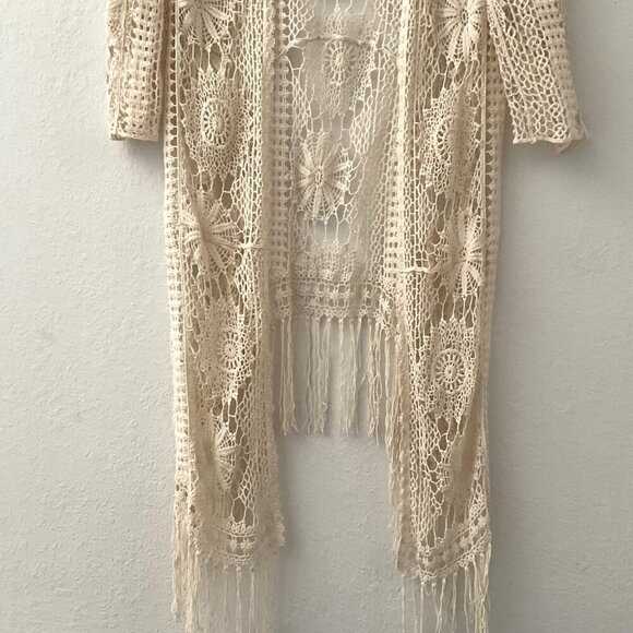 CATO FLORAL CROCHET LACE FRINGE BOHO OPEN FRONT CARDIGAN - Picture 5 of 16